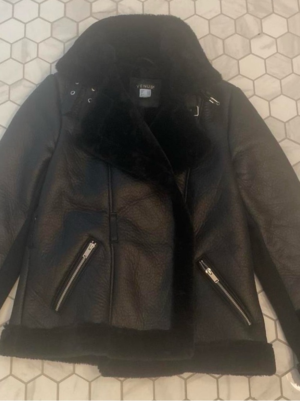 VENUS Black Faux Shearling Aviator Jacket